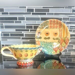 Italica Ars Handpainted Geometric Gravy Boat/Creamer & Luncheon  8" Plate
